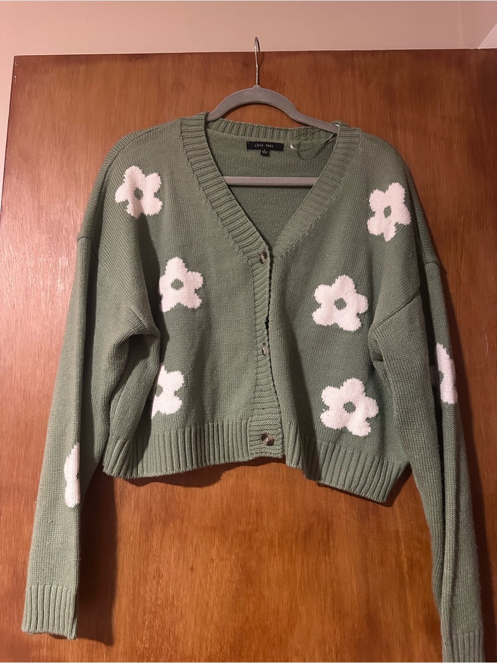 Sage Green Floral Knit V-Neck Cardigan Sweater